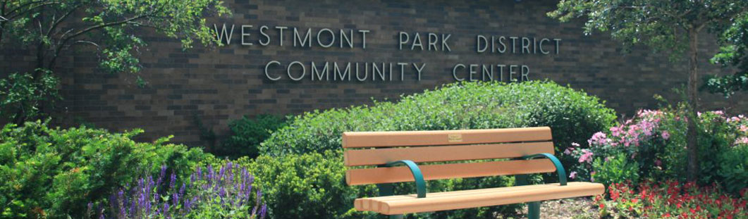 Bench outside Westmont Park District Community Center, surrounded by flowers and vegetation