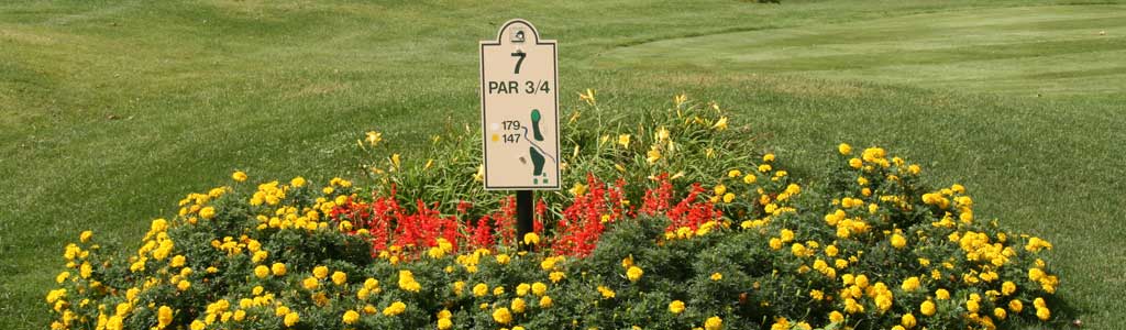 Golf course hole marker, surrounded by flowers
